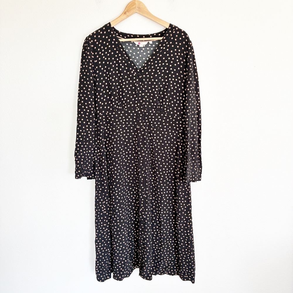Boden Elsie Midi Day Dress Womens 12 Black Polka Dot Button Front Tea Length